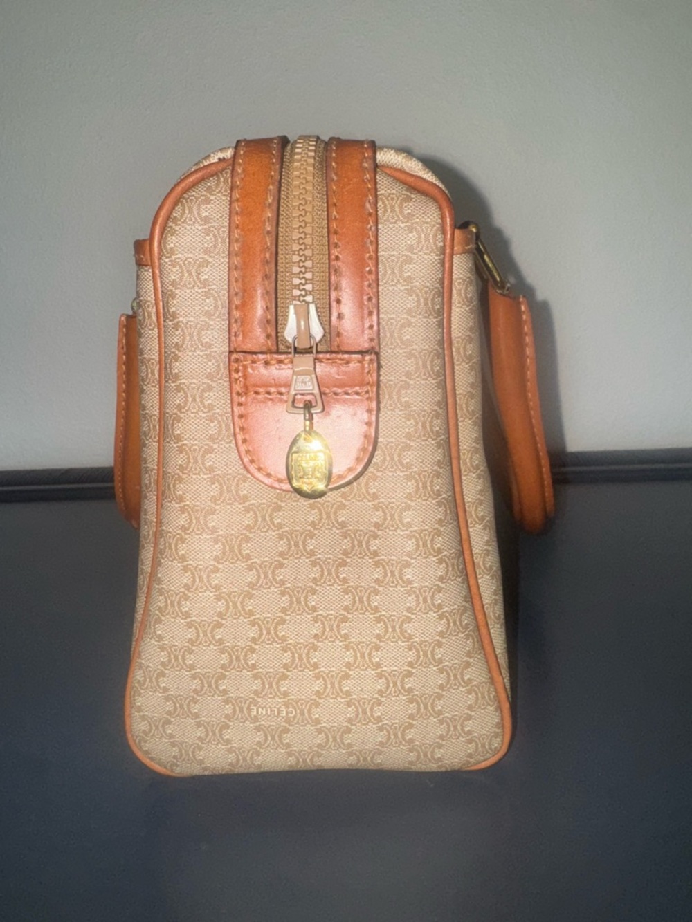 Celine Beige Monogram Macadam Boston Bag with Tan Leather Trim - Picture 10 of 16